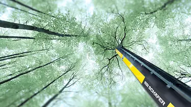 Onderaanzicht van bomen waar een deel van een machine van SSI SCHÄFER te zien is