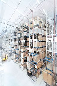 Pallet rack with cartons on euro pallets