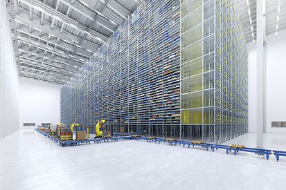 CGI Highlight image with high-bay racking, robots and conveying process
