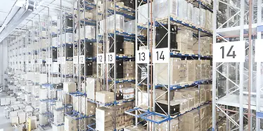 Pallet rack with cartons on euro pallets