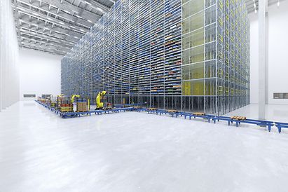 CGI Highlight image with high-bay racking, robots and conveying process