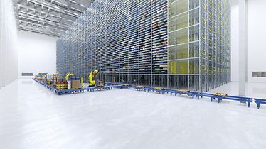 CGI Highlight image with high-bay racking, robots and conveying process