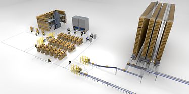 WEASEL Layout with mezzanine, vertical lift module LOGIMAT, shelving, conveyor,