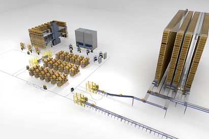 WEASEL Layout with mezzanine, vertical lift module LOGIMAT, shelving, conveyor,